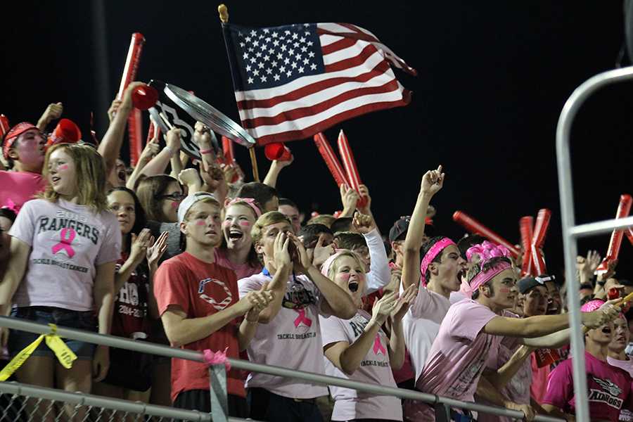Student+fans+cheer+at+the+Oct.+10+game+against+Vandegrift.+The+Rangers+won+in+overtime%2C+56-52.