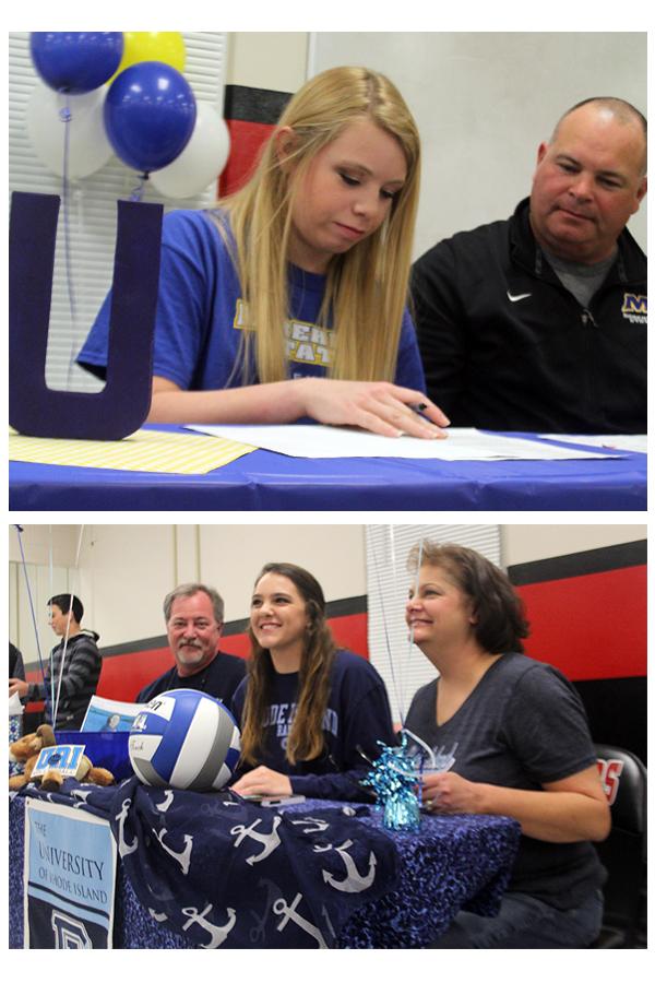 With+family+and+friends+present%2C+seniors+Alyssa+Cecil+and+Lauren+Pick+sign+to+play+volleyball+at+in+college+on+Nov.+12.