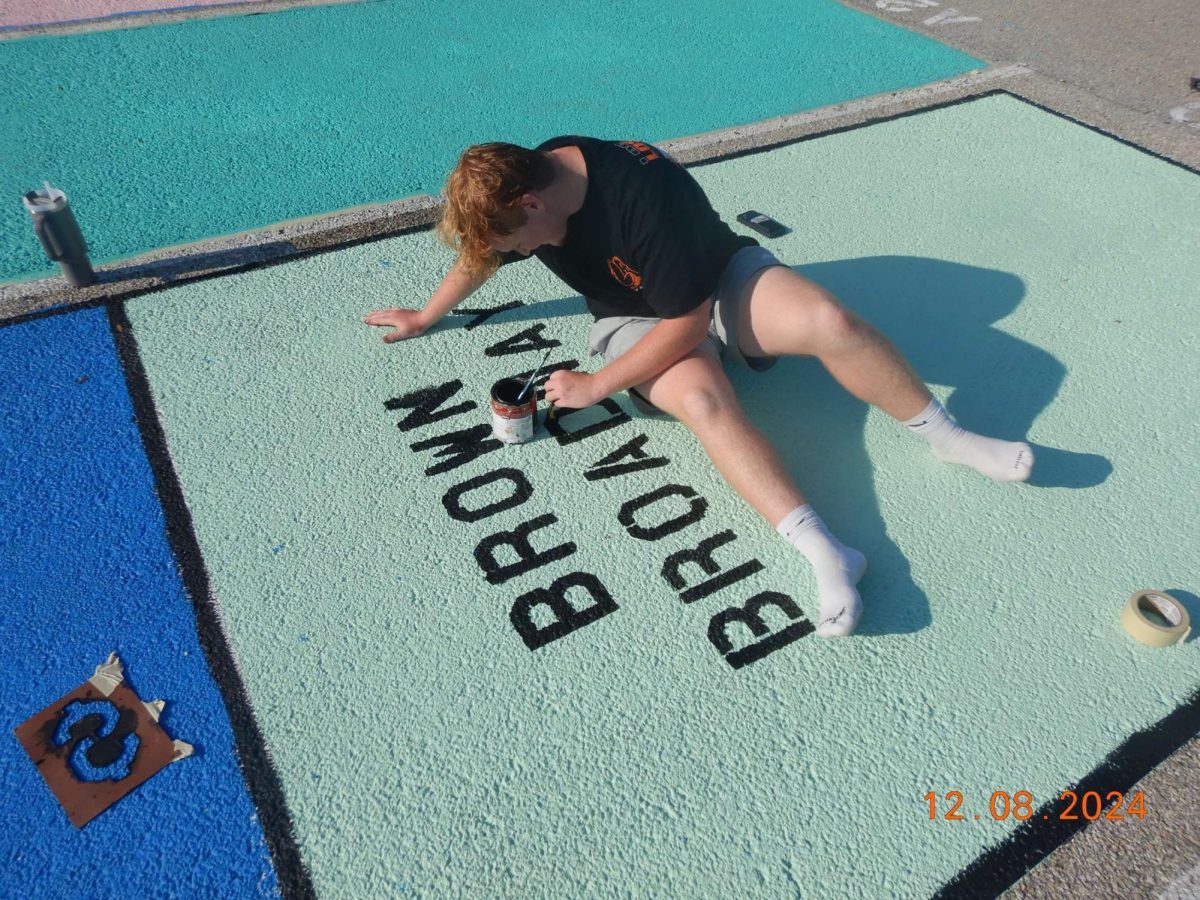 Christian Brown sits on his parking spot to paint the broadway lettering on his spot. There are different variations of monopoly pieces lining up near the edge of the A lot. "My friends provided the paint & we all pitched in for it," Brown said. "Some of the guys dads helped paint the base color and add tape for the line."